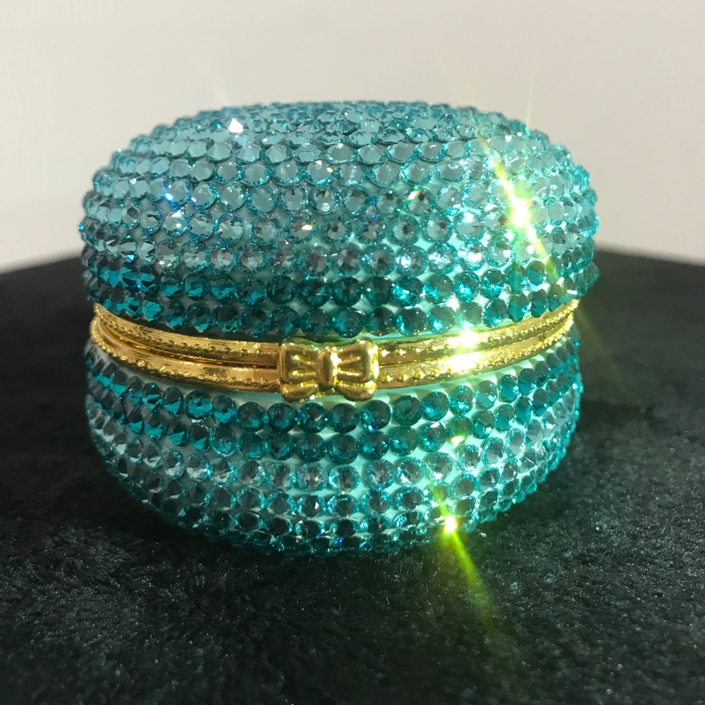 BNWT Pill Case /Trinket Box Ceramic Macaron Swarovski Crystal Bling Aqua Blue